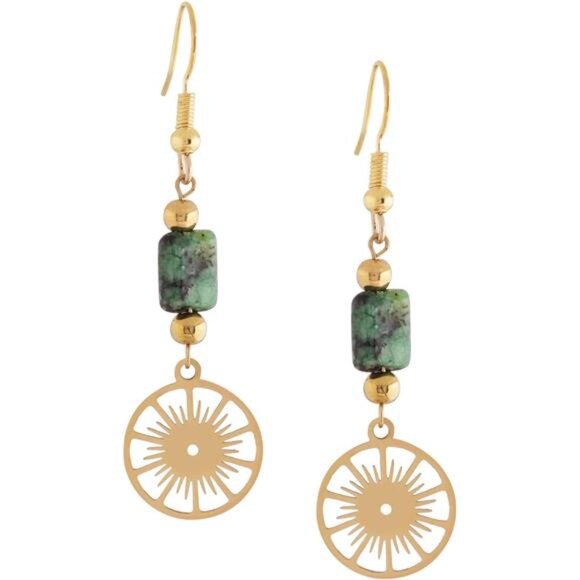 Gold Sunburst Earrings | Green Stone Bead Dangle | Boho Hippie Vintage-Inspired - Picture 1 of 7